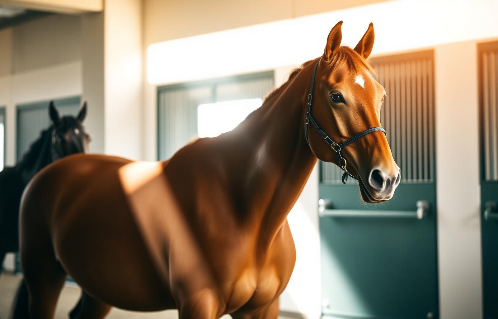 Chestnut horse in a clean modern stable with soft morning light